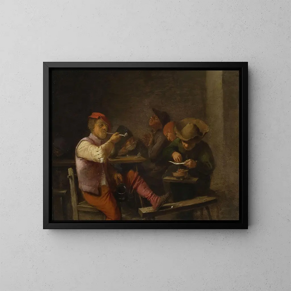 Bauern-Gemälde, das Tabakrauch in einer Taverne zeigt - Adriaen Brouwer — gerahmtes Bild an der Wand