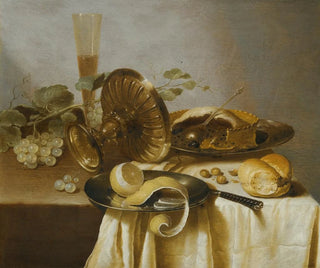 Adriaen Jansz Kraen - Still Life With A Pie A HalfPeeled Lemon Bread Hazelnuts Grapes A Glass And An Overturned Tazza On A Table.webp