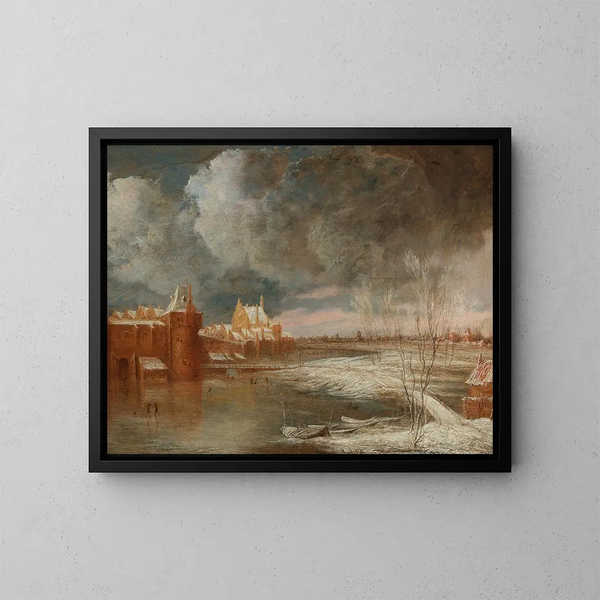 Winterlandschaft bei Rotterdam mit Hofpoort und alter Delftsche Poort - Adriaen Jansz van Nuys — gerahmtes Bild an der Wand