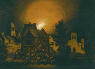 Adriaen Lievensz van der Poel - Peasants Putting Out A Village Fire At Night.webp