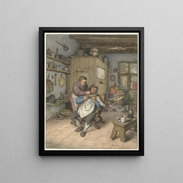 Ein Friseursalon - Adriaen van Ostade — gerahmtes Bild an der Wand