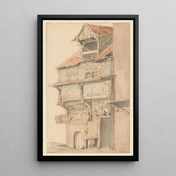 Fassade eines Eckhauses mit offener Dachgaube - Adriaen van Ostade — gerahmtes Bild an der Wand