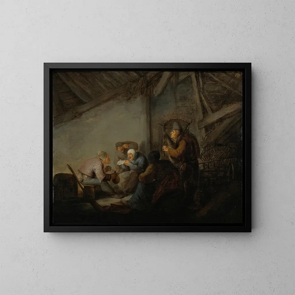 Bauern in einer Taverne, vielleicht eine Darstellung des Hörsinns - Adriaen van Ostade — gerahmtes Bild an der Wand