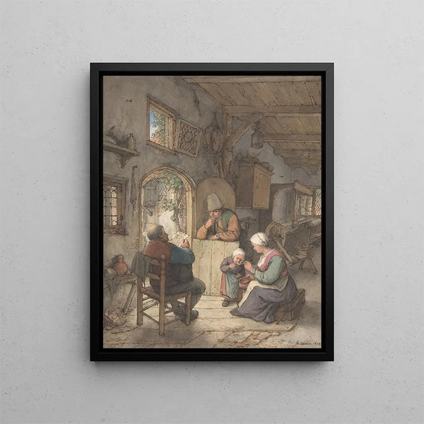 Lesen der Nachrichten im Weavers Cottage - Adriaen van Ostade — gerahmtes Bild an der Wand