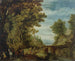 Ein bewaldetes Landschaft mit Reisenden, die eine Brücke überqueren - Adriaen van Stalbemt — Ansicht des Kunstwerks