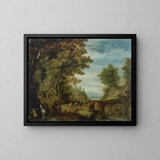 Adriaen van Stalbemt - A wooded landscape with travelers crossing a bridge.webp