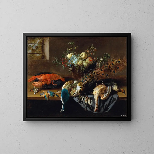 Ein Pfau, ein gekochter Hummer und eine Vogeljagd - Adriaen van Utrecht — gerahmtes Bild an der Wand