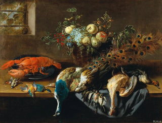 Adriaen van Utrecht - A still life with a peacock fruit a lobster and bird.webp