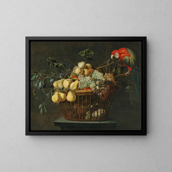 Stillleben mit einem Obstkorb und einem Papagei - Adriaen van Utrecht — gerahmtes Bild an der Wand