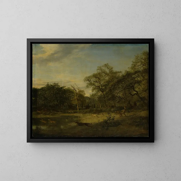 Jagd auf den Hirsch in einer sumpfigen Waldlandschaft - Adriaen van de Velde — gerahmtes Bild an der Wand