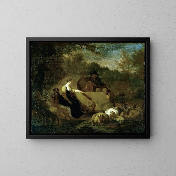 Bergers mit ihrer Herde bei einem Brunnen - Adriaen van de Velde — gerahmtes Bild an der Wand