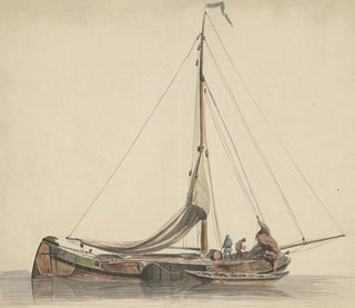 Adrianus Eversen - Twee mannen werkend op een platbodem met gestreken zeilen.webp
