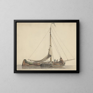 Adrianus Eversen - Twee mannen werkend op een platbodem met gestreken zeilen.webp
