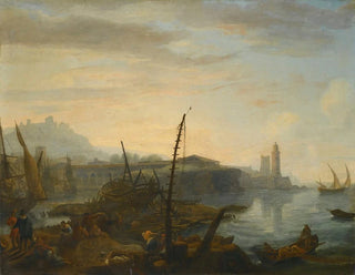 Adrien Manglard - A Mediterranean Port With Figures Resting And Fishermen Drawing In Their Nets In The Foreground A Tower Beyond.webp