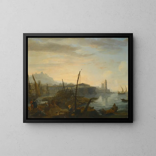 Adrien Manglard - A Mediterranean Port With Figures Resting And Fishermen Drawing In Their Nets In The Foreground A Tower Beyond.webp