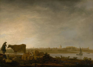 Aelbert Cuyp - A View of Vianen with a Herdsman and Cattle by a River.webp