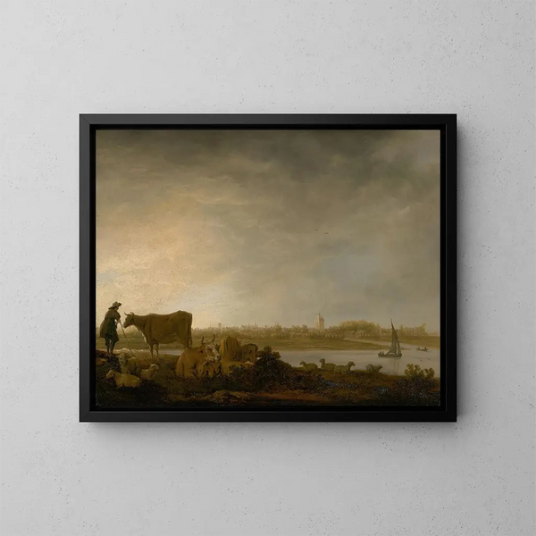 Ansicht von Vianen mit einem Hirten und Vieh in der Nähe eines Flusses - Aelbert Cuyp — gerahmtes Bild an der Wand