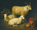 Innenansicht einer Scheune mit einem vierhörnigen Widder, vier Schafen und einer Ziege, begleitet von einer Stillleben mit einem Korb und umgestürzten Töpfen rechts - Aelbert Cuyp — Ansicht des Kunstwerks