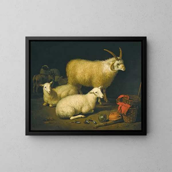 Innenansicht einer Scheune mit einem vierhörnigen Widder, vier Schafen und einer Ziege, begleitet von einer Stillleben mit einem Korb und umgestürzten Töpfen rechts - Aelbert Cuyp — gerahmtes Bild an der Wand