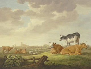 Aelbert Cuyp - Auf einer Wiese Khe und Schafe in der Ferne eine Stadt links eine Melkerin.webp