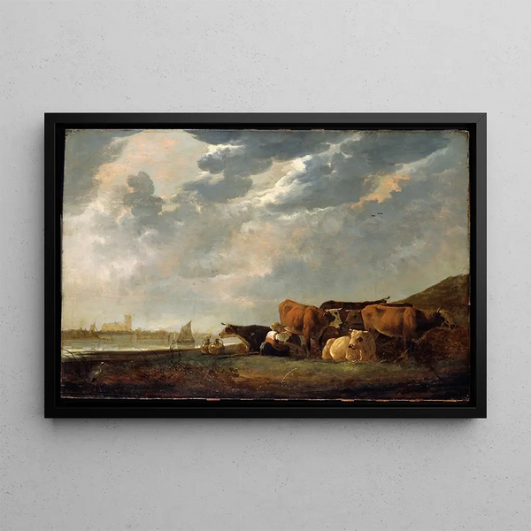 Bétail près de la Meuse avec Dordrecht au loin - Aelbert Cuyp — gerahmtes Bild an der Wand