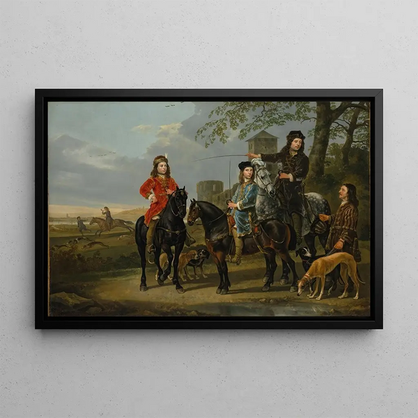 Portrait eines Reitgemäldes von Cornelis 1639-1680 und Michiel Pompe van Meerdervoort 1638-1653 mit ihrem Lehrer und Kutscher - Aelbert Cuyp — gerahmtes Bild an der Wand