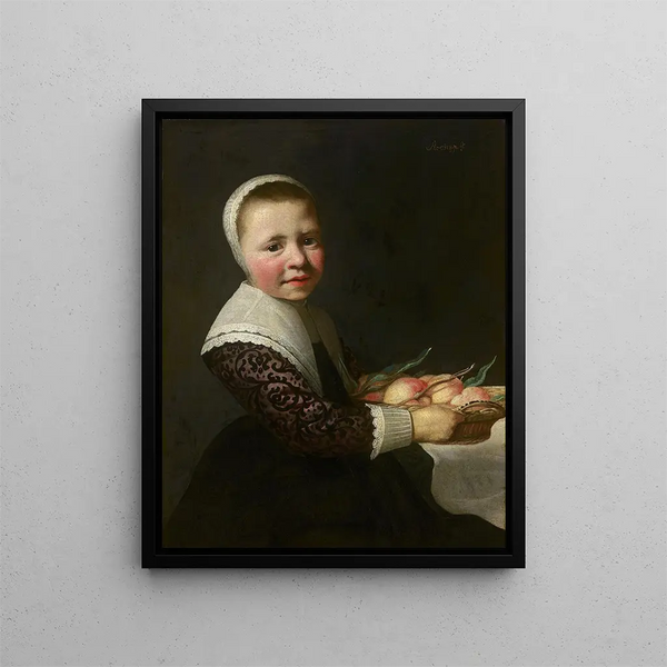 Portrait einer Mädchen mit Pfirsichen - Aelbert Cuyp — gerahmtes Bild an der Wand