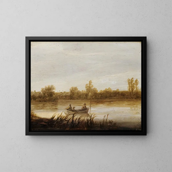 Flusslandschaft mit Fischern in einem Boot - Aelbert Cuyp — gerahmtes Bild an der Wand