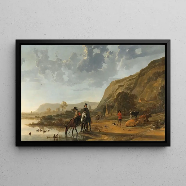 Flusslandschaft mit Reitern - Aelbert Cuyp — gerahmtes Bild an der Wand