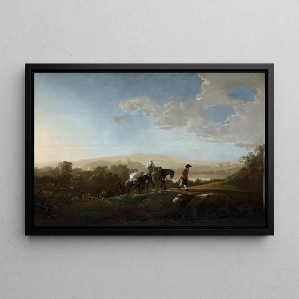 Reisende in einer hügeligen Landschaft - Aelbert Cuyp — gerahmtes Bild an der Wand