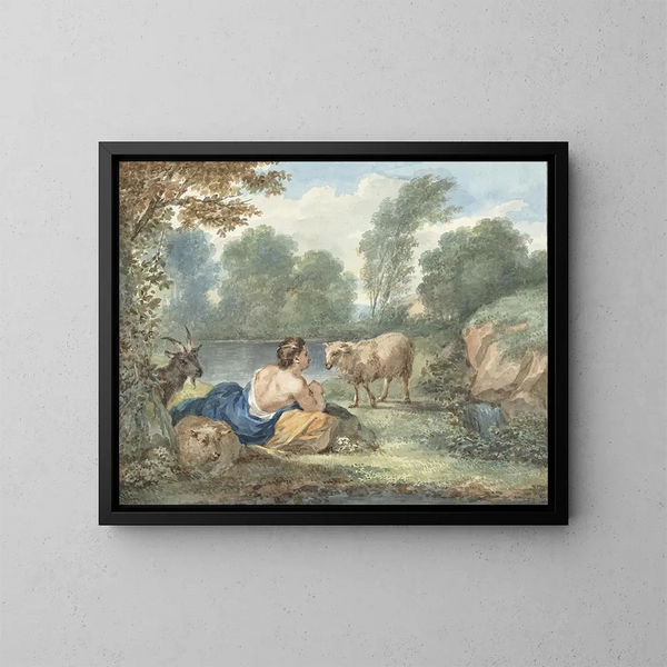 Bergère avec des moutons dans un paysage avec un étang - Aert Schouman — gerahmtes Bild an der Wand