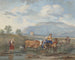 Die Hirten führen Ziegen durch Wasser, links trägt eine Frau ihr Kind auf dem Rücken, rechts reitet eine andere einen Esel. - Aert Schouman — Ansicht des Kunstwerks