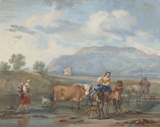 Aert Schouman - Hirten treiben Khe durch ein Wasser links trgt eine Frau ihr Kind auf dem Rcken rechs reitet eine andere auf einem Esel.webp