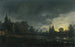 Landschaftsbild mit Fluss bei Mondschein mit Figuren in der Nähe einer Tür, ein Dorf im Hintergrund - Aert van der Neer — Ansicht des Kunstwerks