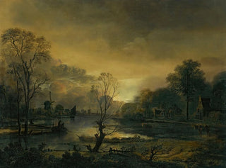 Aert van der Neer - A River Landscape At Sunset With Fishermen Drawing In Their Net In The Foreground Windmills Beyond.webp