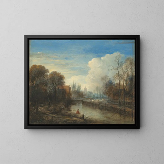 Aert van der Neer - A river landscape with an angler and sheep on the banks.webp