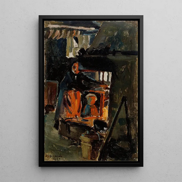 Vor dem Ofen im Wohnzimmer - Akseli Gallen-Kallela — gerahmtes Bild an der Wand