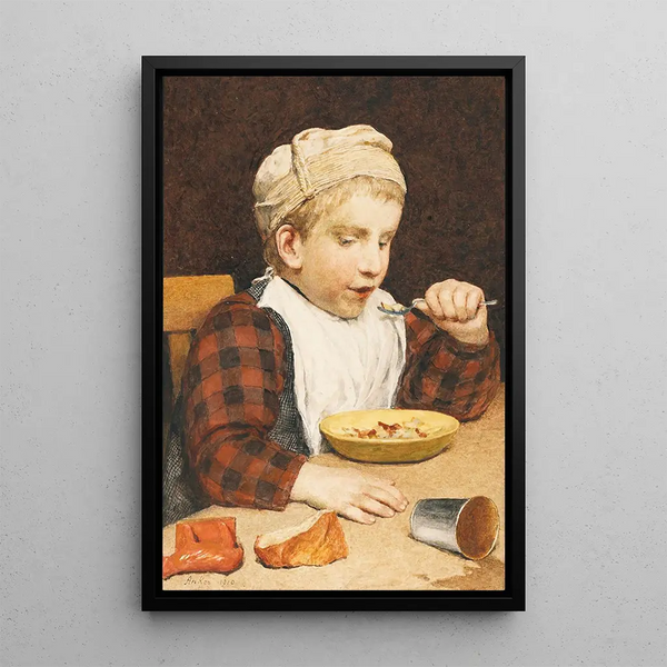 Junge mit Mütze beim Essen - Albert Anker — gerahmtes Bild an der Wand