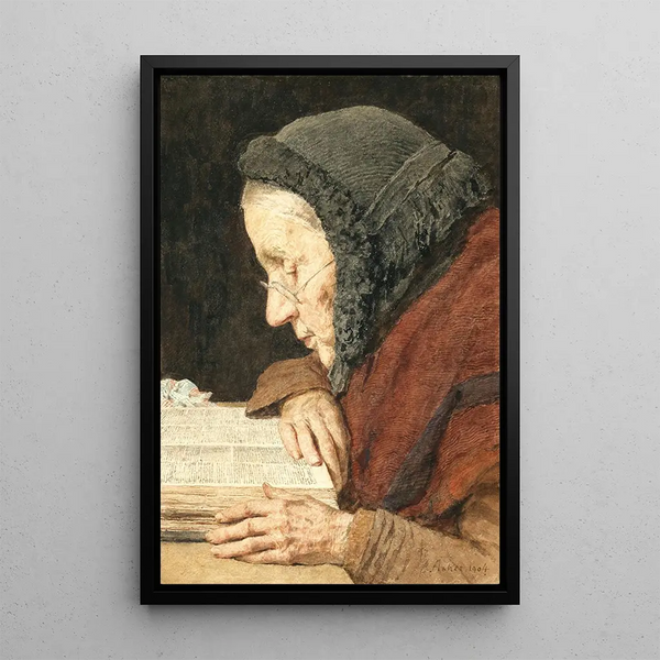 Alte Frau liest die Bibel - Albert Anker — gerahmtes Bild an der Wand