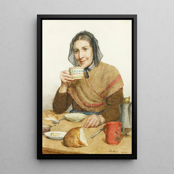 Ländliche sitzende Frau mit einer Tasse in der Hand - Albert Anker — gerahmtes Bild an der Wand