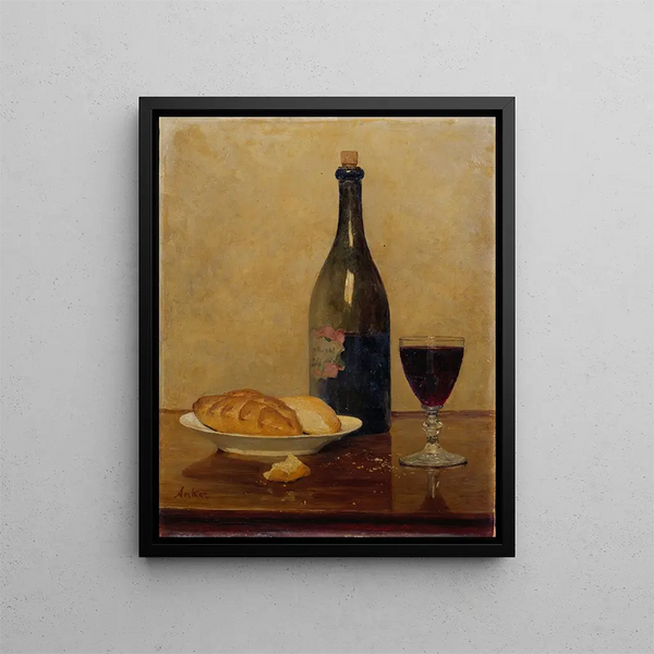 Stillleben mit altem Wein und Brot - Albert Anker — gerahmtes Bild an der Wand