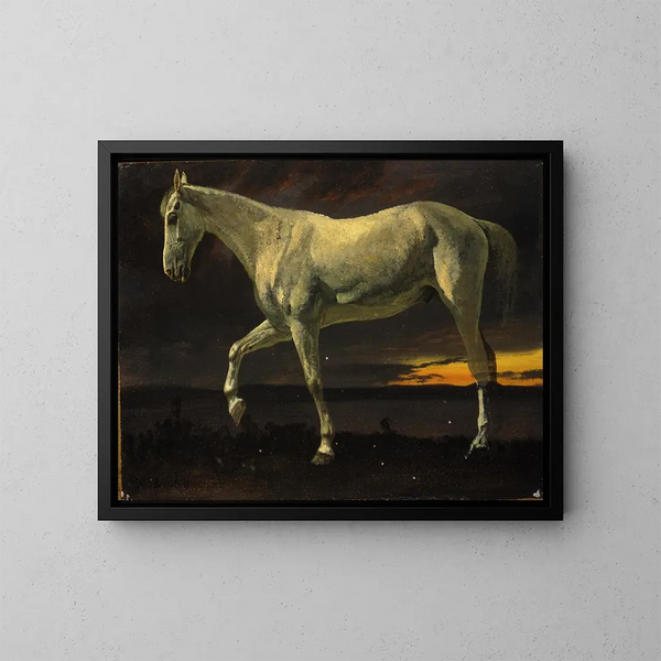 Weißes Pferd und Sonnenuntergang - Albert Bierstadt — gerahmtes Bild an der Wand