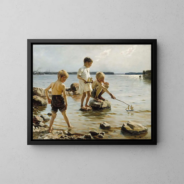 Kinder spielend am Ufer - Albert Edelfelt — gerahmtes Bild an der Wand