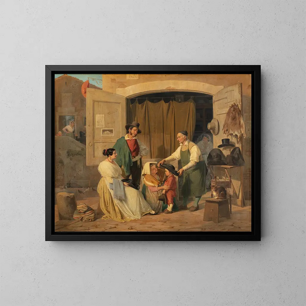 der römischen Bauern, die einen Hut für ihren Enkel kaufen, der Abt werden soll - Albert Kühler — gerahmtes Bild an der Wand