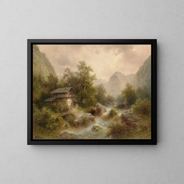 Mühle am Bachufer - Albert Rieger — gerahmtes Bild an der Wand