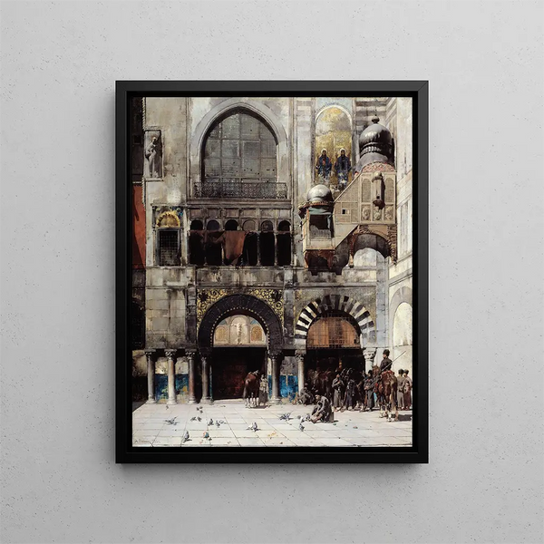 Kavallerie der Circassier, die auf ihren Kommandanten an der Tür eines byzantinischen Denkmals wartet - Alberto Pasini — gerahmtes Bild an der Wand