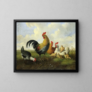Albertus Verhoesen - A rooster with Hens and Chicks.webp