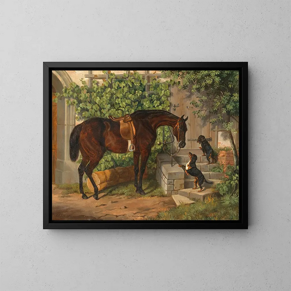 Ein brauner Pferd und neugierige Dackel - Albrecht Adam — gerahmtes Bild an der Wand