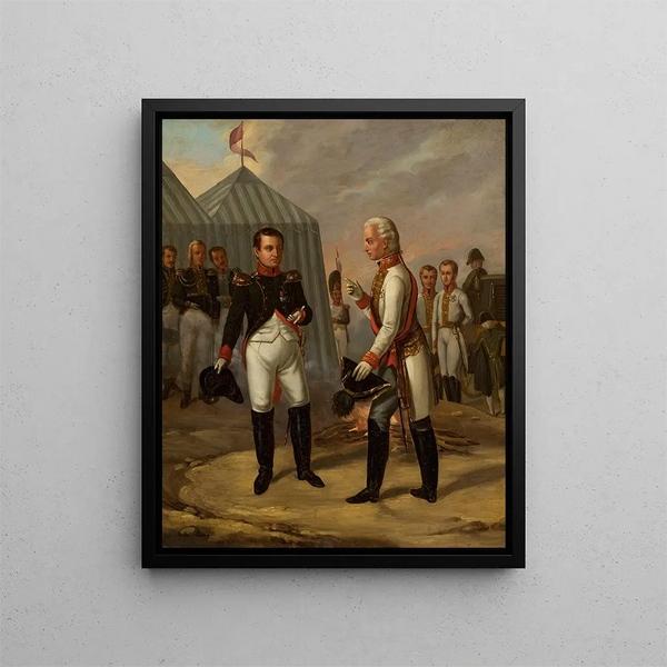 Napoleon und Franz II nach der Schlacht bei Austerlitz - Aleksander Stankiewicz — gerahmtes Bild an der Wand