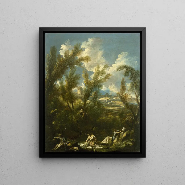 Landschaft mit der Wäscherin - Alessandro Magnasco — gerahmtes Bild an der Wand
